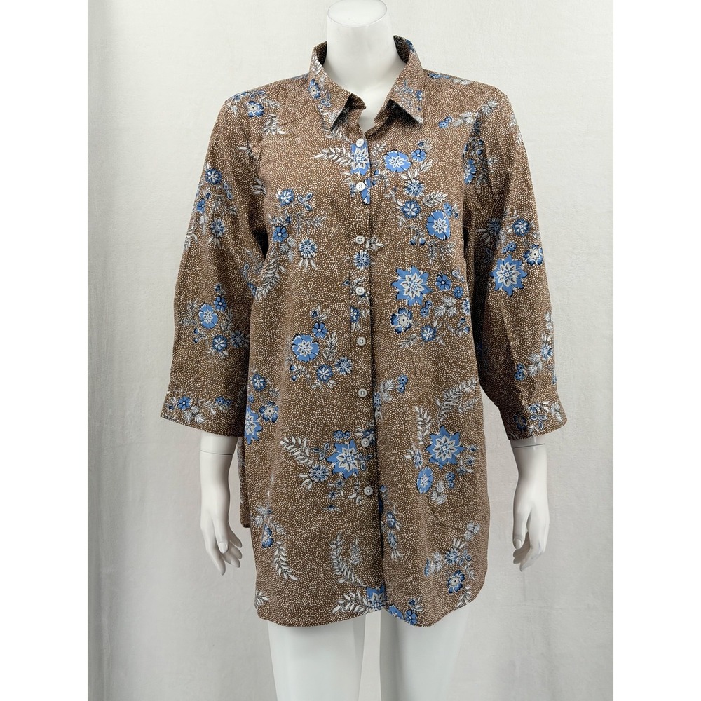 Lands End Top Women 20W Brown Floral Button Up Boho Spring No Iron Supima Cotton
